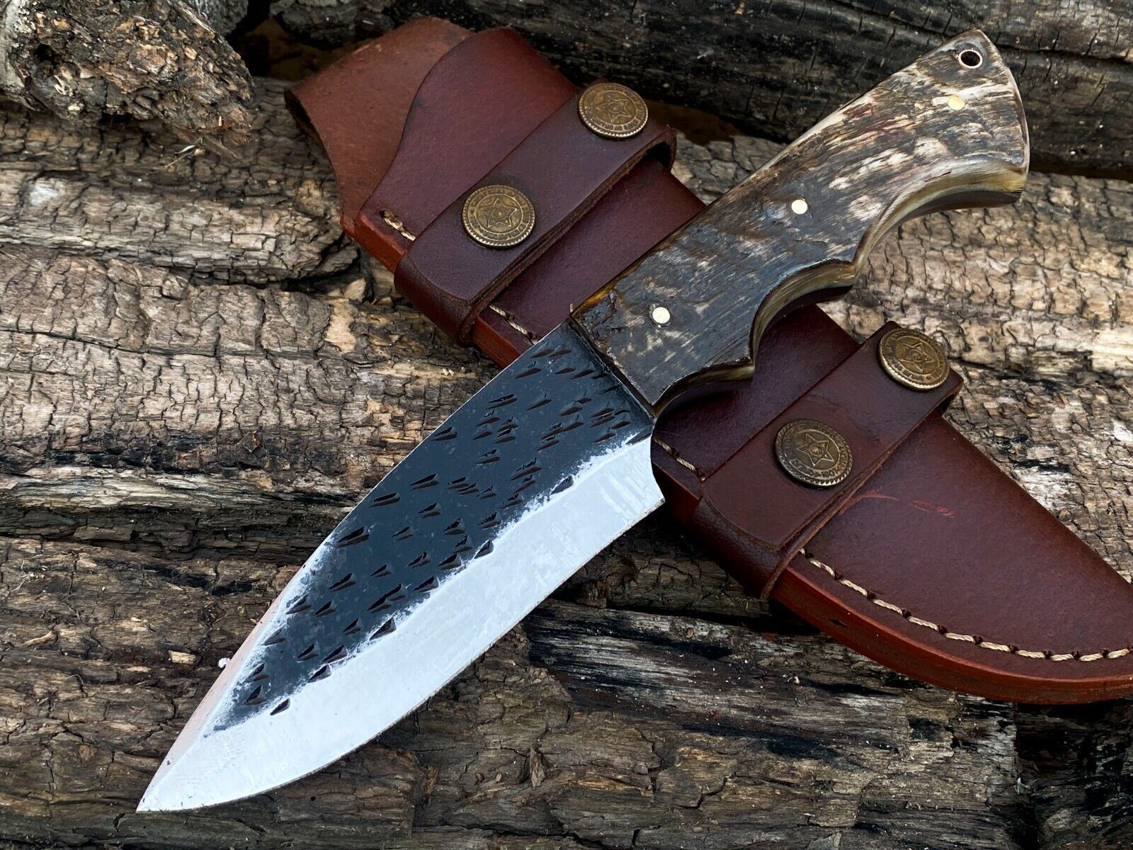 Hand Forged High Carbon Steel EDC Skinner Hunting Knife Ram Horn Handle W/Sheath